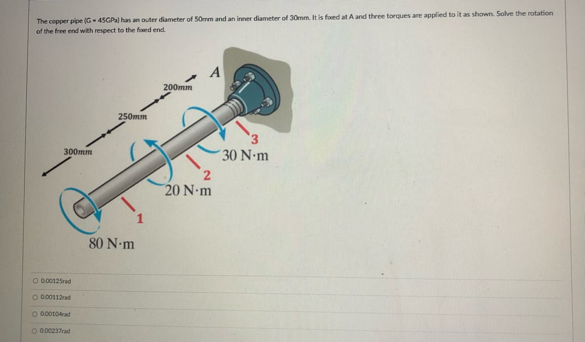 The copper pipe (G - 45GPA) has an outer diameter of 50mm and an inner diameter of 30mm, It is fxed at A and three torques are applied to it as shown. Solve the rotation
of the free end with respect to the fixed end.
A
200mm
250mm
3.
30 N-m
300mm
20 N m
80 N-m
O 0.00125rad
O 0.00112rad
O 0.00104rad
O 0.00237rad
