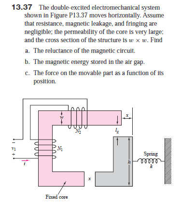 13.37 The double-excited electromechanical system
shown in Figure P13.37 moves horizontally. Assume
that resistance, magnetic leakage, and fringing are
negligible; the permeability of the core is very large;
and the cross section of the structure is w x w. Find
a. The reluctance of the magnetic circuit.
b. The magnetic energy stored in the air gap.
c. The force on the movable part as a function of its
position.
Spring
lelll
Fixed core
