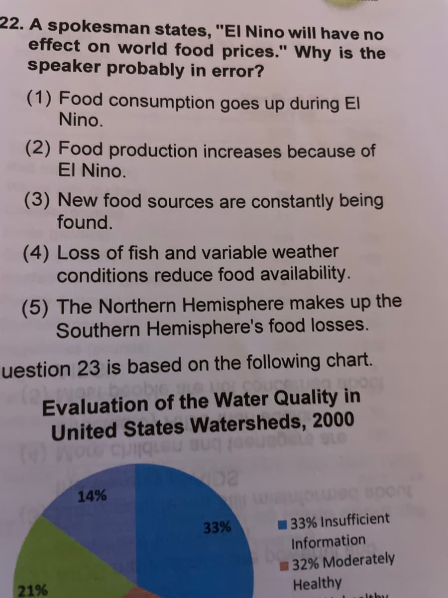 22. A spokesman states, "El Nino will have no
effect on world food prices." Why is the
speaker probably in error?
(1) Food consumption goes up during El
Nino.
(2) Food production increases because of
El Nino.
(3) New food sources are constantly being
found.
(4) Loss of fish and variable weather
conditions reduce food availability.
(5) The Northern Hemisphere makes up the
Southern Hemisphere's food losses.
uestion 23 is based on the following chart.
Evaluation of the Water Quality in
United States Watersheds, 2000
neblirla mo
14%
33%
33% Insufficient
Information
32% Moderately
Healthy
21%
Itby
