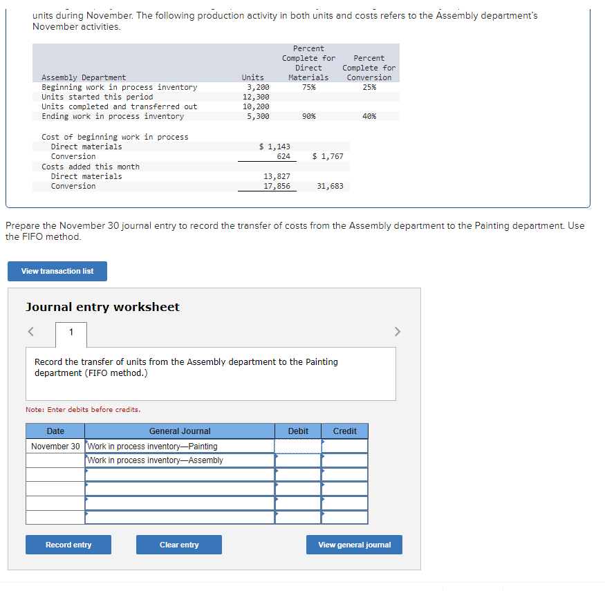 units during November. The following production activity in both units and costs refers to the Assembly department's
November activities.
Assembly Department
Beginning work in process inventory
Units started this period
Units completed and transferred out
Ending work in process inventory
Cost of beginning work in process
Direct materials
Conversion
Costs added this month
Direct materials
Conversion
View transaction list
Journal entry worksheet
1
Note: Enter debits before credits.
Date
General Journal
November 30 Work in process inventory-Painting
Work in process inventory-Assembly
Units
Record entry
3,200
12,300
10, 200
5,300
Clear entry
Percent
Complete for
Direct
Materials
75%
$ 1,143
624
13,827
17,856
Prepare the November 30 journal entry to record the transfer of costs from the Assembly department to the Painting department. Use
the FIFO method.
90%
Record the transfer of units from the Assembly department to the Painting
department (FIFO method.)
Percent
Complete for
Conversion
25%
$ 1,767
Debit
31,683
40%
Credit
View general journal