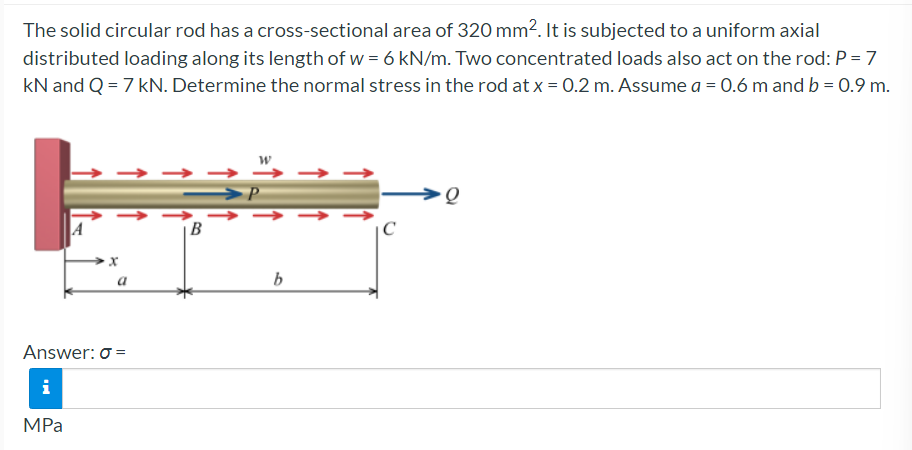 The solid circular rod has a cross-sectional area of 320 mm?. It is subjected to a uniform axial
distributed loading along its length of w = 6 kN/m. Two concentrated loads also act on the rod: P = 7
kN and Q = 7 kN. Determine the normal stress in the rod at x = 0.2 m. Assume a = 0.6 m and b = 0.9 m.
B
a
b
Answer: o =
i
MPa
