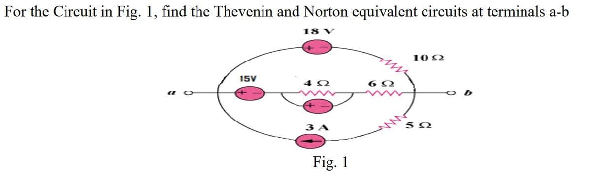 For the Circuit in Fig. 1, find the Thevenin and Norton equivalent circuits at terminals a-b
18 V
10 Ω
15V
622
Fig. 1
ΣΩ