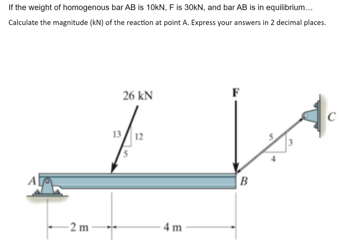 If the weight of homogenous bar AB is 10KN, F is 30kN, and bar AB is in equilibrium...
Calculate the magnitude (kN) of the reaction at point A. Express your answers in 2 decimal places.
26 kN
F
C
13
12
A
B
-2 m
4 m
