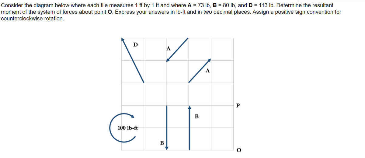 Consider the diagram below where each tile measures 1 ft by 1 ft and where A = 73 lb, B = 80 lb, andD = 113 Ib. Determine the resultant
moment of the system of forces about point O. Express your answers in Ib-ft and in two decimal places. Assign a positive sign convention for
counterclockwise rotation.
A
A
P
В
100 lb-ft
В
