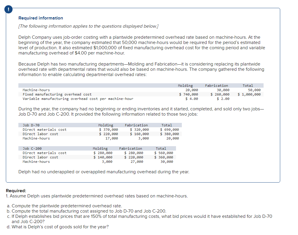 Required information
[The following information applies to the questions displayed below.]
Delph Company uses job-order costing with a plantwide predetermined overhead rate based on machine-hours. At the
beginning of the year, the company estimated that 50,000 machine-hours would be required for the period's estimated
level of production. It also estimated $1,000,000 of fixed manufacturing overhead cost for the coming period and variable
manufacturing overhead of $4.00 per machine-hour.
Because Delph has two manufacturing departments-Molding and Fabrication-it is considering replacing its plantwide
overhead rate with departmental rates that would also be based on machine-hours. The company gathered the following
information to enable calculating departmental overhead rates:
Machine-hours
Fixed manufacturing overhead cost
Variable manufacturing overhead cost per machine-hour
Job D-70
Direct materials cost
Direct labor cost
Machine-hours
Job C-200
Direct materials cost
Direct labor cost
Machine-hours
Molding
$ 370,000
$ 220,000
17,000
During the year, the company had no beginning or ending inventories and it started, completed, and sold only two jobs-
Job D-70 and Job C-200. It provided the following information related to those two jobs:
Molding
$ 280,000
$ 140,000
3,000
Fabrication
$ 320,000
$ 160,000
3,000
Molding
20,000
$ 740,000
$ 4.00
Fabrication
$ 280,000
$ 220,000
27,000
Total
$ 690,000
$ 380,000
20,000
Total
$ 560,000
$ 360,000
30,000
Delph had no underapplied or overapplied manufacturing overhead during the year.
Fabrication
30,000
$ 260,000
$2.00
Required:
1. Assume Delph uses plantwide predetermined overhead rates based on machine-hours.
Total
50,000
$ 1,000,000
a. Compute the plantwide predetermined overhead rate.
b. Compute the total manufacturing cost assigned to Job D-70 and Job C-200.
c. If Delph establishes bid prices that are 150% of total manufacturing costs, what bid prices would it have established for Job D-70
and Job C-200?
d. What is Delph's cost of goods sold for the year?