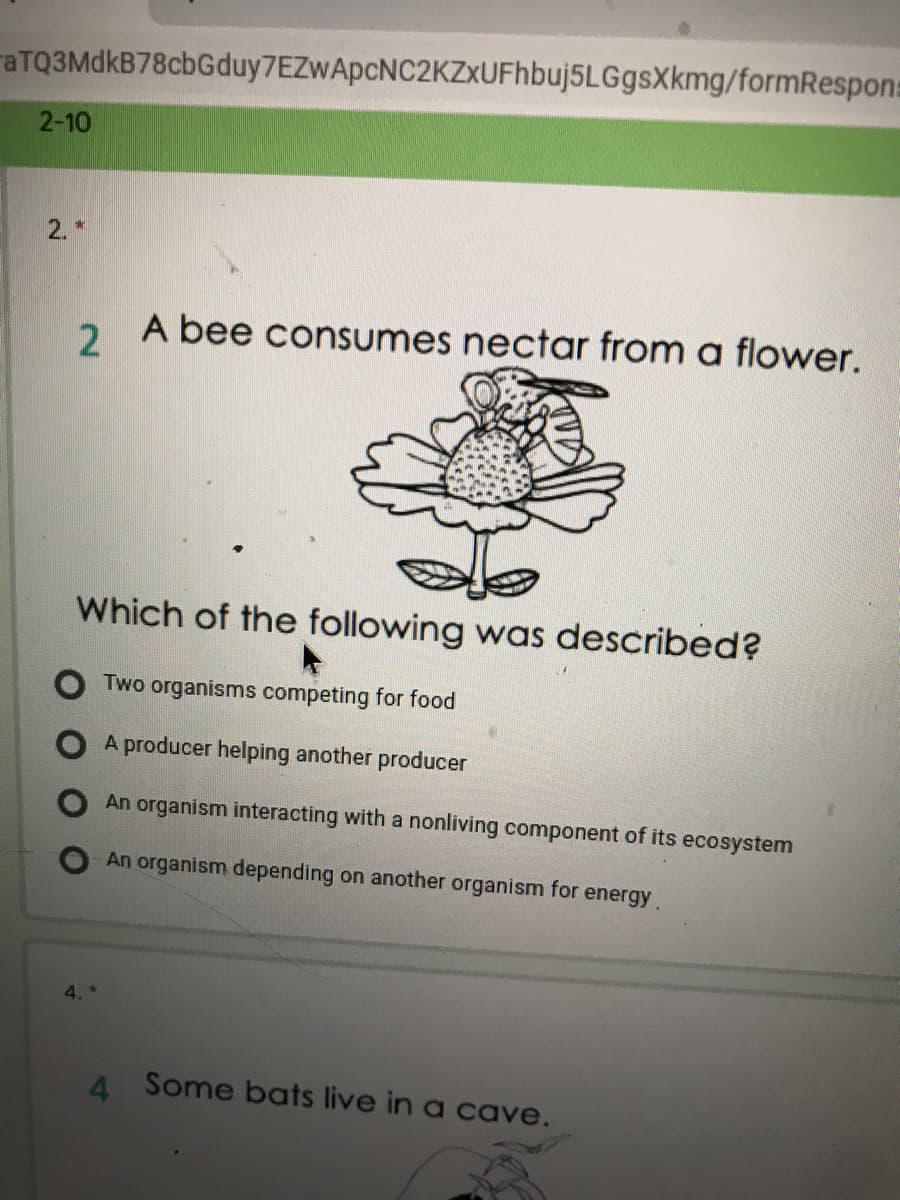 raTQ3MdkB78cbGduy7EZWApcNC2KZxUFhbuj5LGgsXkmg/formRespon:
2-10
2.*
A bee consumes nectar from a flower.
Which of the following was described?
Two organisms competing for food
A producer helping another producer
An organism interacting with a nonliving component of its ecosystem
An organism depending on another organism for energy.
4 Some bats live in a cave.
