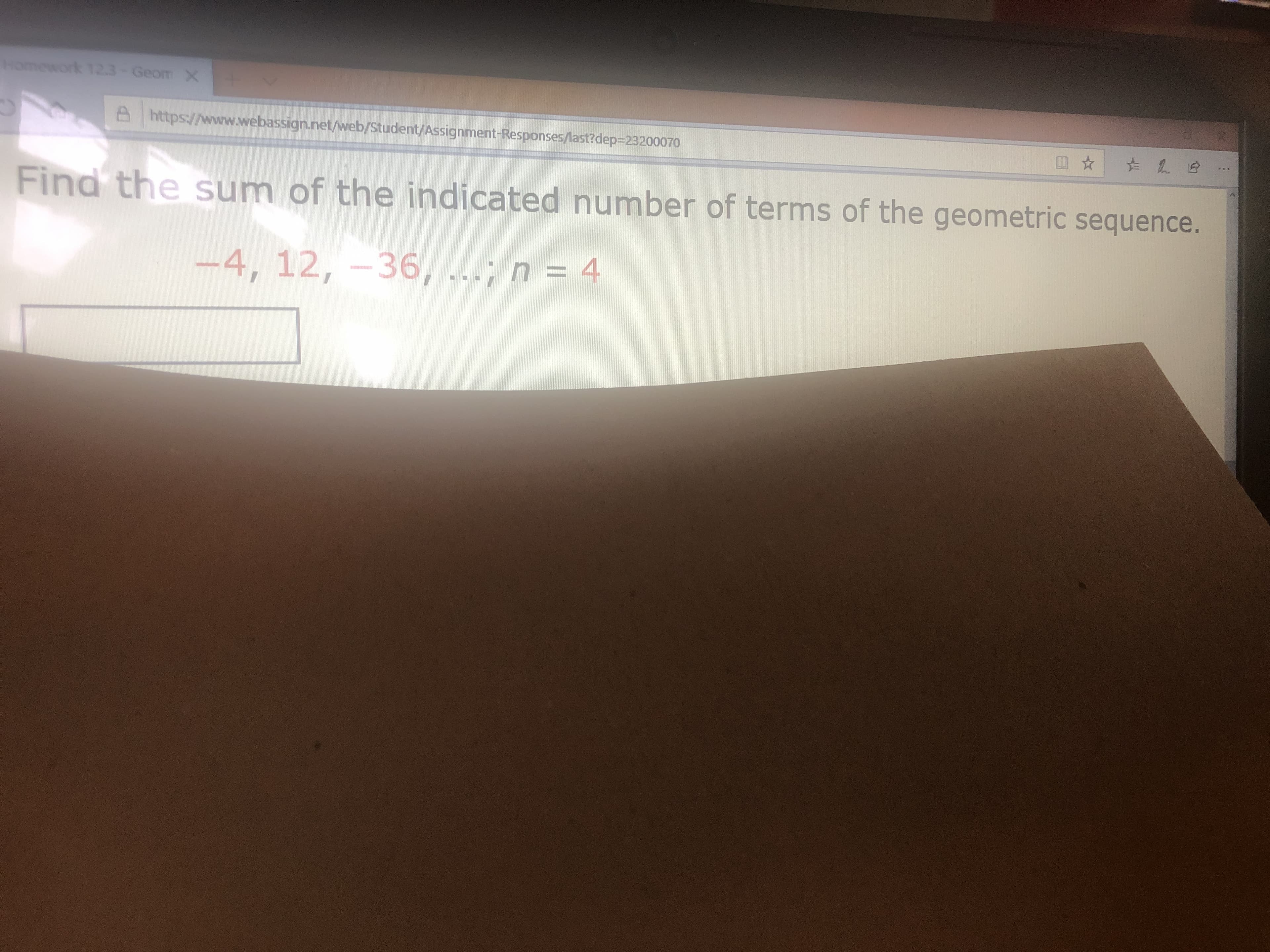 ### Geometric Sequences: Sum Calculation

#### Problem Statement
Find the sum of the indicated number of terms of the geometric sequence.

\[ -4, 12, -36, \ldots ; \quad n = 4 \]

(Note: The fourth term is not explicitly given and needs to be calculated.)

#### Explanation
The problem involves finding the sum of the first four terms of a geometric sequence. A geometric sequence is a sequence of numbers where each term after the first is found by multiplying the previous term by a fixed, non-zero number called the common ratio.

Given:
- First term (\(a_1\)) = \(-4\)
- Common ratio (\(r\)) can be found using the second term divided by the first term: \( r = \frac{12}{-4} = -3 \)
- Number of terms (\(n\)) = 4

#### Steps to Calculate the Sum
To find the sum \(S_n\) of the first \(n\) terms of a geometric sequence, you can use the formula:
\[ S_n = a_1 \frac{1-r^n}{1-r} \]

For the given sequence:
1. \(a_1 = -4\)
2. \( r = -3 \)
3. \( n = 4 \)

First, calculate \(r^n\):
\[ r^n = (-3)^4 = 81 \]

Applying the sum formula:
\[ S_4 = -4 \frac{1 - (-3)^4}{1 - (-3)} = -4 \frac{1 - 81}{1 + 3} = -4 \frac{1 - 81}{4} = -4 \frac{-80}{4} = -4 \times (-20) = 80 \]

Therefore, the sum of the first four terms is \(80\).

#### Final Answer
\[ \boxed{80} \]