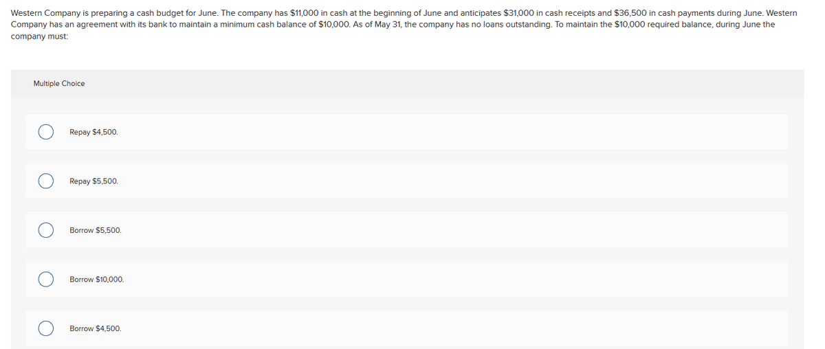 Western Company is preparing a cash budget for June. The company has $11,000 in cash at the beginning of June and anticipates $31,000 in cash receipts and $36,500 in cash payments during June. Western
Company has an agreement with its bank to maintain a minimum cash balance of $10,000. As of May 31, the company has no loans outstanding. To maintain the $10,000 required balance, during June the
company must:
Multiple Choice
Repay $4,500.
Repay $5,500.
Borrow $5,500.
Borrow $10,000.
Borrow $4,500.