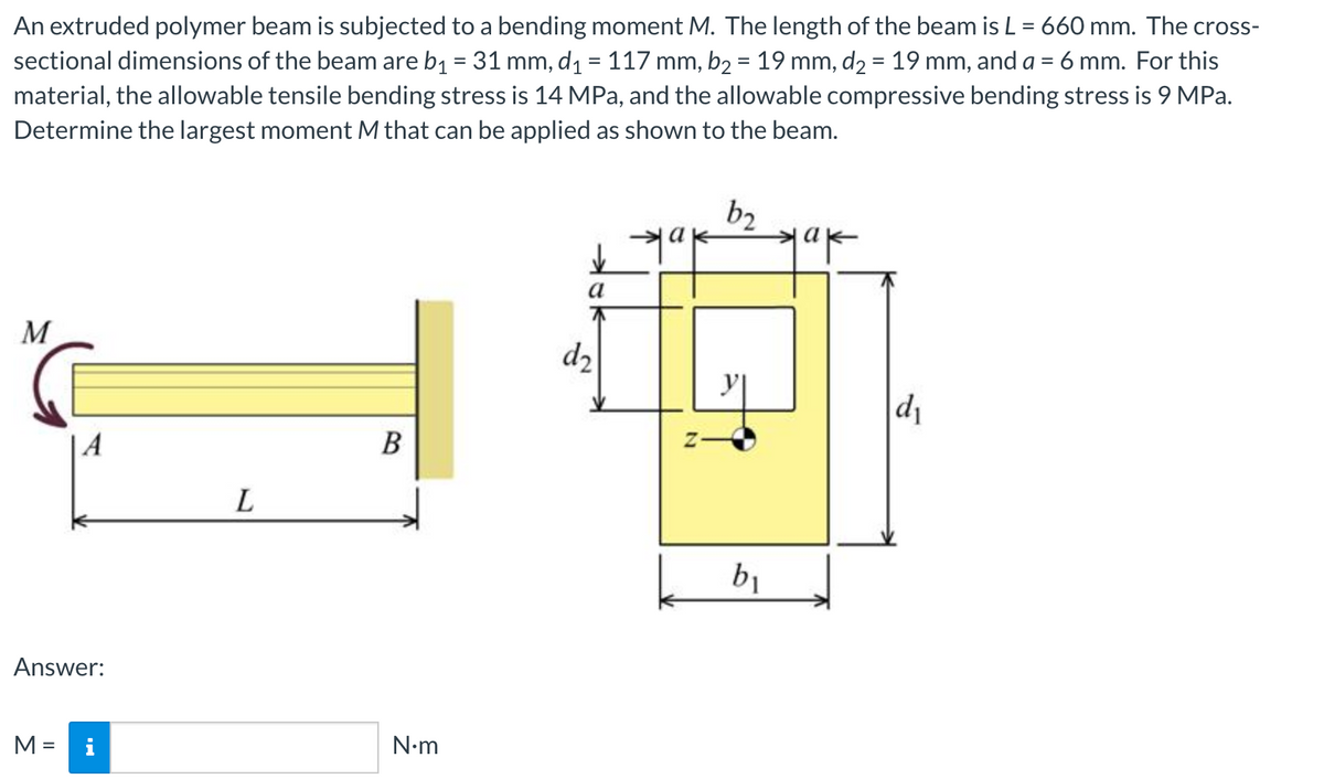 An extruded polymer beam is subjected to a bending moment M. The length of the beam is L = 660 mm. The cross-
sectional dimensions of the beam are b1 = 31 mm, d1 = 117 mm, b2 = 19 mm, d2 = 19 mm, and a = 6 mm. For this
material, the allowable tensile bending stress is 14 MPa, and the allowable compressive bending stress is 9 MPa.
Determine the largest moment M that can be applied as shown to the beam.
%D
%3D
b2
a
M
d2
d1
|A
B
L
b1
Answer:
M =
i
N•m
