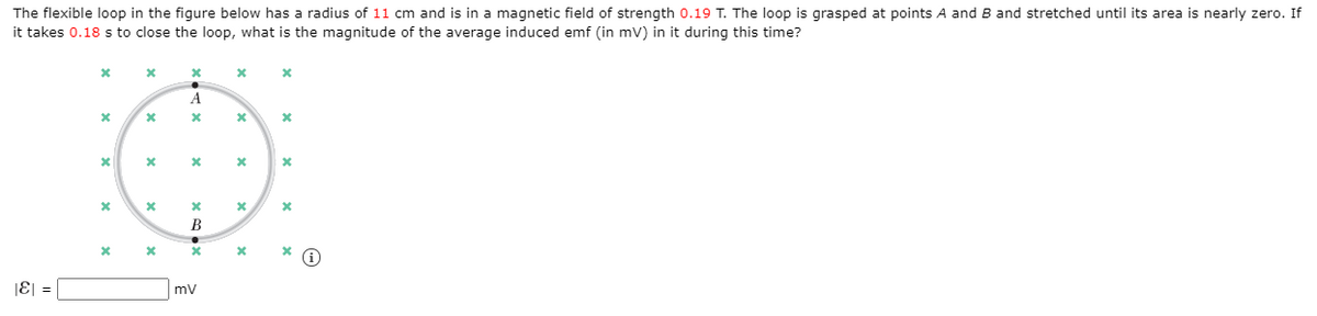 The flexible loop in the figure below has a radius of 11 cm and is in a magnetic field of strength 0.19 T. The loop is grasped at points A and B and stretched until its area is nearly zero. If
it takes 0.18 s to close the loop, what is the magnitude of the average induced emf (in mv) in it during this time?
A
B
|E| =
