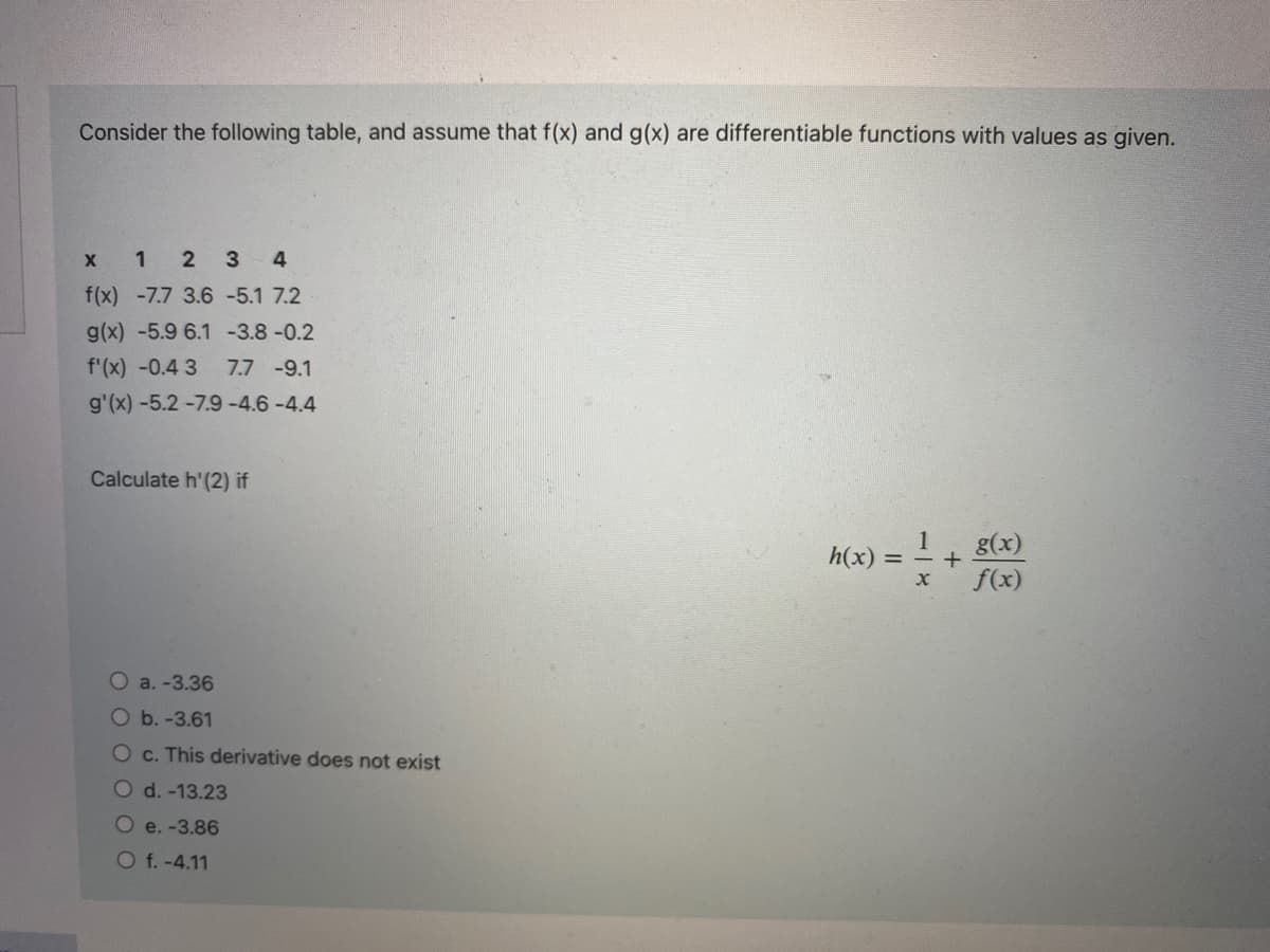 Consider the following table, and assume that f(x) and g(x) are differentiable functions with values as given.
x 1 2 3 4
f(x) -7.7 3.6
-5.1 7.2
g(x) -5.9 6.1
-3.8 -0.2
f'(x) -0.43 7.7 -9.1
g'(x) -5.2 -7.9 -4.6-4.4
Calculate h' (2) if
O a.-3.36
O b.-3.61
O c. This derivative does not exist
O d.-13.23
O e. -3.86
O f.-4.11
1
h(x) = = +
X
g(x)
f(x)