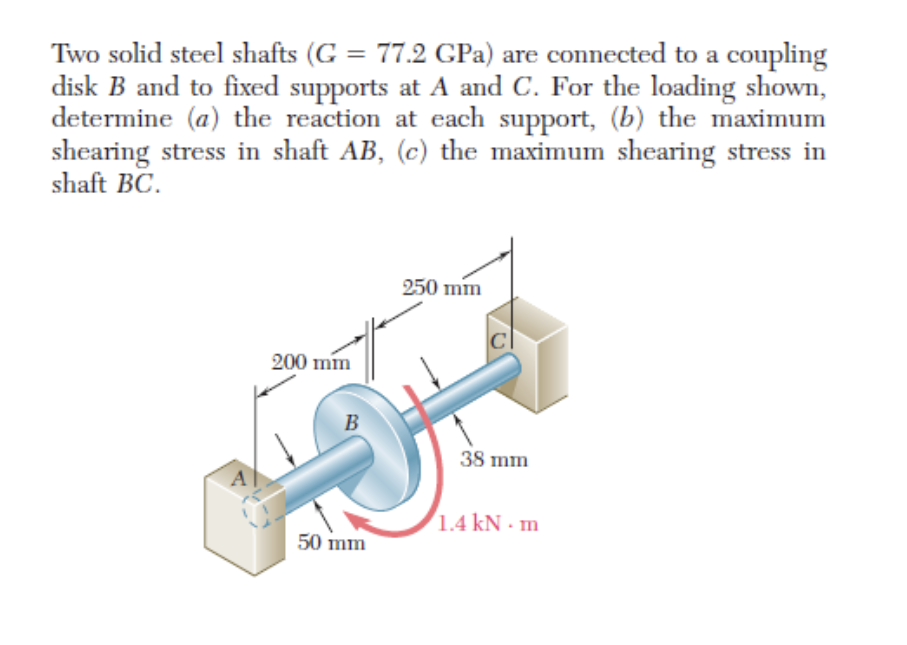 Two solid steel shafts (G = 77.2 GPa) are connected to a coupling
disk B and to fixed supports at A and C. For the loading shown,
determine (a) the reaction at each support, (b) the maximum
shearing stress in shaft AB, (c) the maximum shearing stress in
shaft BC.
A
200 mm
B
50 mm
250 mm
38 mm
1.4 kN. m