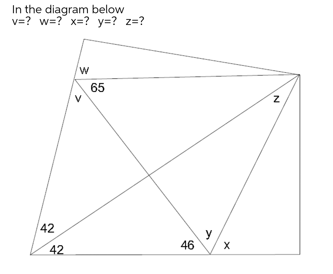 In the diagram below
v=? w=? x=? y=? z=?
65
V
42
y
46
42
N
w/
