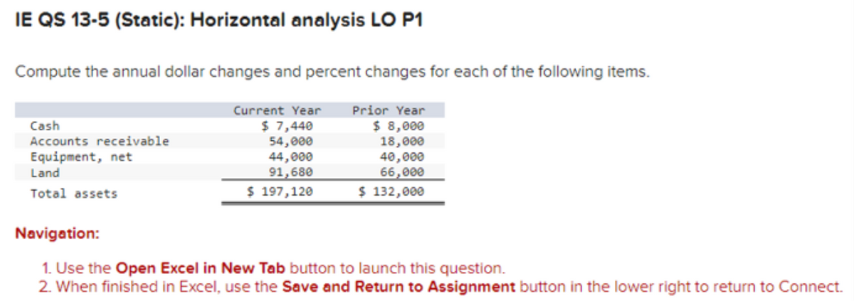 IE QS 13-5 (Static): Horizontal analysis LO P1
Compute the annual dollar changes and percent changes for each of the following items.
Current Year
$ 7,440
54,000
Prior Year
$ 8,000
18,000
44,000
40,000
91,680
66,000
$ 197,120
$ 132,000
Cash
Accounts receivable
Equipment, net
Land
Total assets
Navigation:
1. Use the Open Excel in New Tab button to launch this question.
2. When finished in Excel, use the Save and Return to Assignment button in the lower right to return to Connect.