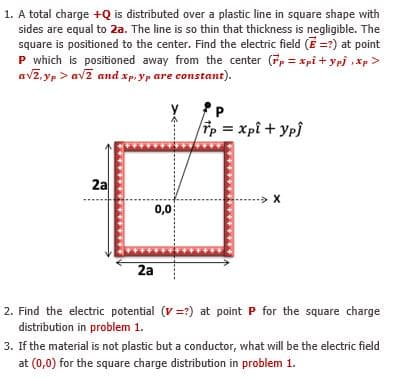 1. A total charge +Q is distributed over a plastic line in square shape with
sides are equal to 2a. The line is so thin that thickness is negligible. The
square is positioned to the center. Find the electric field (E =?) at point
P which is positioned away from the center (F, = xpi + yei .xp >
avz, yp > avz and xp, yp are constant).
y
p=xpi+ Yp)
2a
0,0
2a
