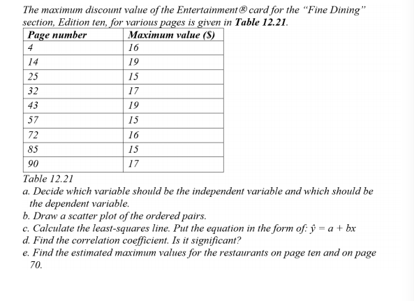 The maximum discount value of the Entertainment® card for the "Fine Dining"
section, Edition ten, for various pages is given in Table 12.21.
Page number
Махітит valuе (S)
4
16
14
19
25
15
32
17
43
19
57
15
72
16
85
15
90
17
Table 12.21
a. Decide which variable should be the independent variable and which should be
the dependent variable.
b. Draw a scatter plot of the ordered pairs.
c. Calculate the least-squares line. Put the equation in the form of: ŷ = a + bx
d. Find the correlation coefficient. Is it significant?
e. Find the estimated maximum values for the restaurants on page ten and on page
70.
