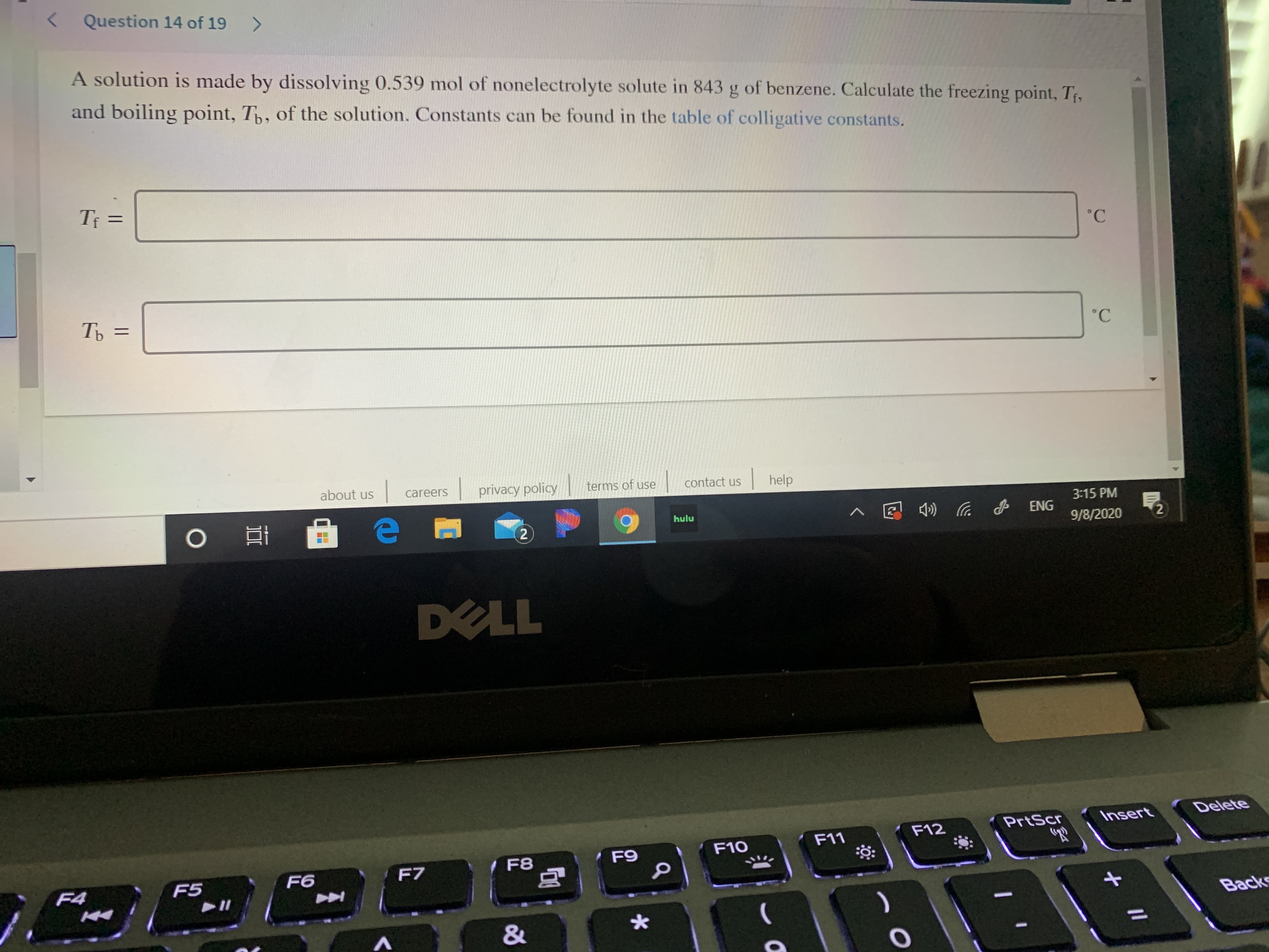 A solution is made by dissolving 0.539 mol of nonelectrolyte solute in 843 g of benzene. Calculate the freezing point, T,
and boiling point, T,, of the solution. Constants can be found in the table of colligative constants.
Tf =
°C
%3D
°C
