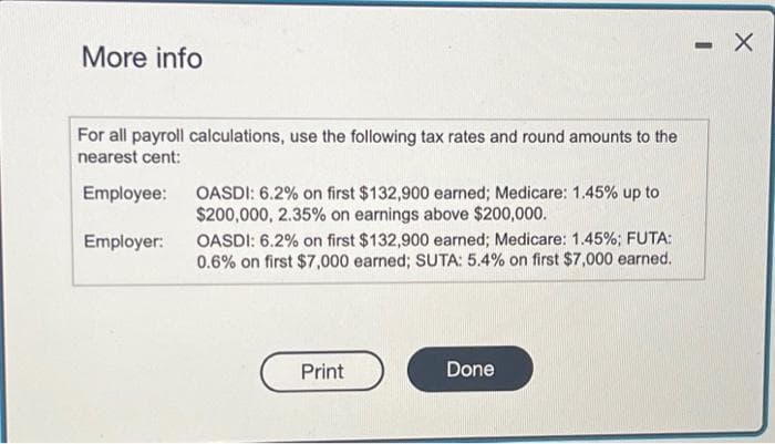 K
Larry Walsh is general manager of United Salons. During 2024, Walsh worked for the company
all year at a $12,200 monthly salary. He also earned a year-end bonus equal to 10% of his annual
salary. Walsh's federal income tax withheld during 2024 was $2,684 per month, plus $1,464 on
his bonus check, State income tax withheld came to $100 per month, plus $40 on the bonus
FICA tax was withheld on the annual earings. Walsh authorized the following payroll deductions
Charity Fund contribution of 4% of total earings and life insurance of $30 per month.
United incurred payroll tax expense on Walsh for FICA tax. The company also paid state
unemployment tax and federal unemployment tax
(Click the icon to view payroll tax rate information)
Read the requirements
Requirement 1. Compute Walsh's gross pay, payroll deductions, and net pay for the full year 2024. Round all amounts to the nearest dollar.
Begin by computing Walsh's gross pay for the year. (Round all amounts to the nearest dollar)
Gross pay
Gross Pay