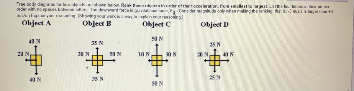 Free body diagrams for four objects are shown below. Rank these objects in order of their acceleration, from smallest to largest. List the four letters in their proper
order with no spaces between letters. The downward force is gravitational force, Fg. (Consider magnitude only when making the ranking; that is, 5 m/s/s is larger than +3
m/s/s.) Explain your reasoning. (Showing your work is a way to explain your reasoning.)
Object A
Object B
Object C
Object D
40 N
20 N
40 N
30 N
35 N
35 N
50 N
10 N
50 N
50 N
30 N
20 N
25 N
25 N
40 N