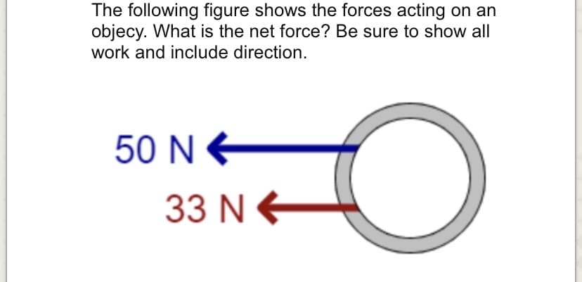 The following figure shows the forces acting on an
objecy. What is the net force? Be sure to show all
work and include direction.
50 N
33 N