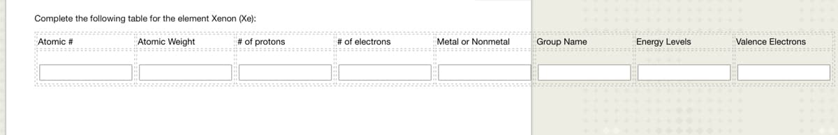 Complete the following table for the element Xenon (Xe):
Atomic Weight
Atomic #
# of protons
# of electrons
Metal or Nonmetal
Group Name
⠀⠀⠀⠀⠀⠀⠀⠀⠀⠀⠀⠀⠀⠀⠀⠀⠀⠀⠀⠀⠀⠀⠀⠀⠀=============
Energy Levels
==================
Valence Electrons