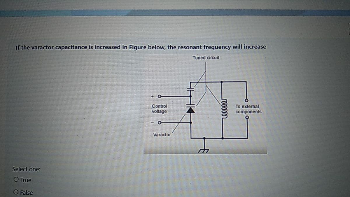 If the varactor capacitance is increased in Figure below, the resonant frequency will increase
Tuned circuit
Control
voltage
To extemal
components
Varactor
Select one:
O True
O False
