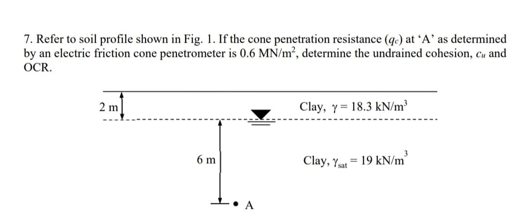 7. Refer to soil profile shown in Fig. 1. If the cone penetration resistance (qc) at ʻA’ as determined
by an electric friction cone penetrometer is 0.6 MN/m², determine the undrained cohesion, cu and
OCR.
2 m
Clay, y= 18.3 kN/m³
6 m
Clay, Ysat
19 kN/m
• A
