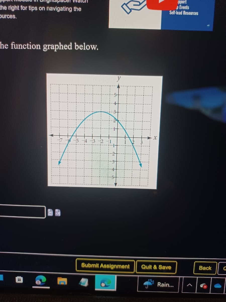 space! watch
the right for tips on navigating the
burces.
The function graphed below.
4-3-2
X
Ipport
p Events
Self-lead Resources
Submit Assignment Quit & Save
Rain...
<
Back
G