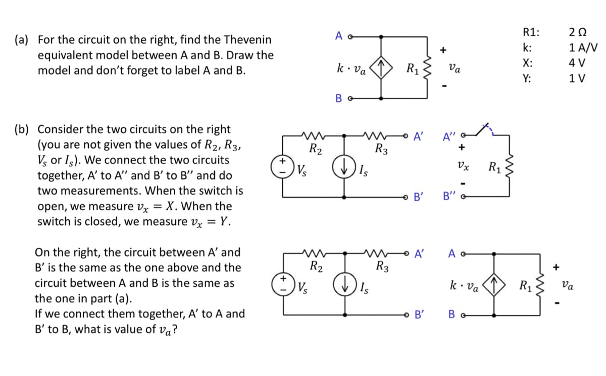 (a) For the circuit on the right, find the Thevenin
equivalent model between A and B. Draw the
model and don't forget to label A and B.
(b) Consider the two circuits on the right
(you are not given the values of R₂, R3,
V or Is). We connect the two circuits
together, A' to A" and B' to B" and do
two measurements. When the switch is
open, we measure vx = X. When the
switch is closed, we measure vx = Y.
On the right, the circuit between A' and
B' is the same as the one above and the
circuit between A and B is the same as
the one in part (a).
If we connect them together, A' to A and
B' to B, what is value of va?
Vs
R₂
Vs
R2
A G
k. Va
Bo
MA'
R3
Is
MA'
R3
D
B'
Is
B'
+
Va
A"
B"
+
Vx
A G
k. Va
Bo
R₁
R1:
k:
X:
Y:
R₁
+
202
1 A/V
4 V
1 V
Va