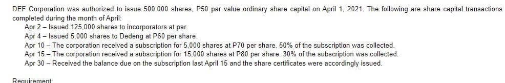 DEF Corporation was authorized to issue 500,000 shares, P50 par value ordinary share capital on April 1, 2021. The following are share capital transactions
completed during the month of April:
Apr 2 - Issued 125,000 shares to incorporators at par.
Apr 4 - Issued 5,000 shares to Dedeng at P60 per share.
Apr 10 - The corporation received a subscription for 5,000 shares at P70 per share. 50% of the subscription was collected.
Apr 15 - The corporation received a subscription for 15,000 shares at P80 per share. 30% of the subscription was collected.
Apr 30 - Received the balance due on the subscription last April 15 and the share certificates were accordingly issued.
Requirement