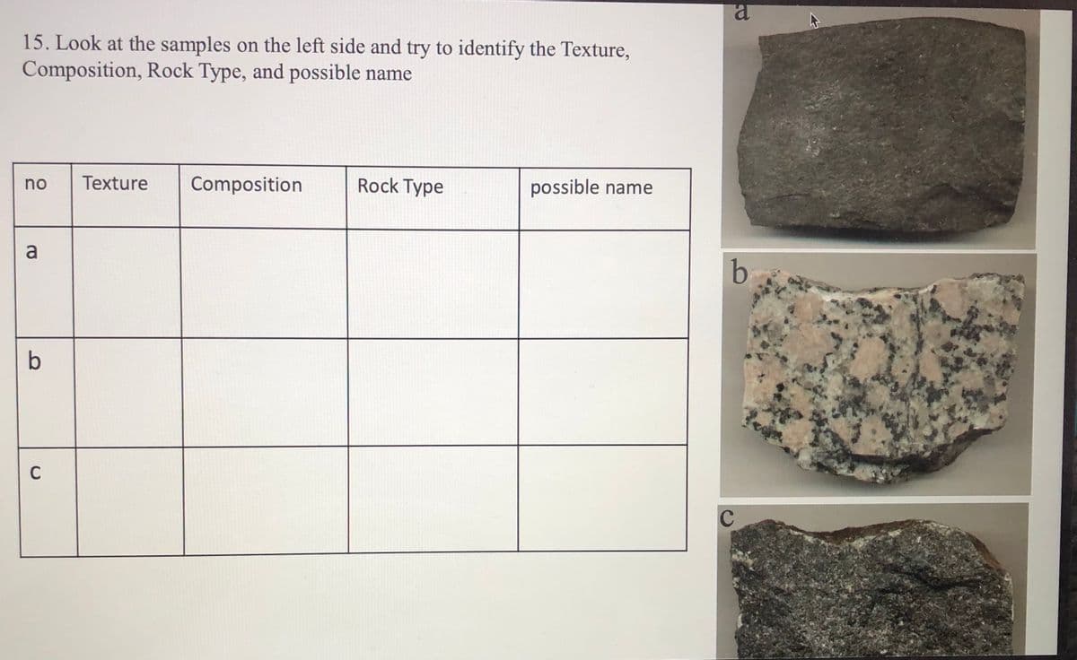 15. Look at the samples on the left side and try to identify the Texture,
Composition, Rock Type, and possible name
Texture
Composition
Rock Type
no
possible name
b.
b
C
