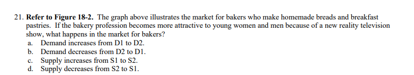 21. Refer to Figure 18-2. The graph above illustrates the market for bakers who make homemade breads and breakfast
pastries. If the bakery profession becomes more attractive to young women and men because of a new reality television
show, what happens in the market for bakers?
a. Demand increases from D1 to D2.
b. Demand decreases from D2 to D1.
c. Supply increases from $1 to $2.
d. Supply decreases from S2 to S1.