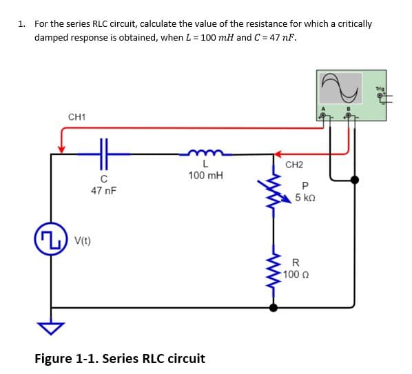 1. For the series RLC circuit, calculate the value of the resistance for which a critically
damped response is obtained, when L = 100mH and C = 47 nF.
CH1
C
47 nF
Lv(t)
L
100 mH
Figure 1-1. Series RLC circuit
CH2
P
50
R
-100 0
2
Trig