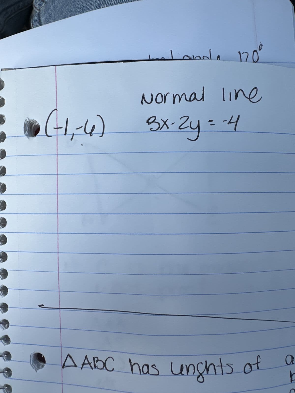 HYP
~Land 170°
Normal line
• (-1₁-4) 3x-2y = -4
A ABC has unghts.
of
a
b