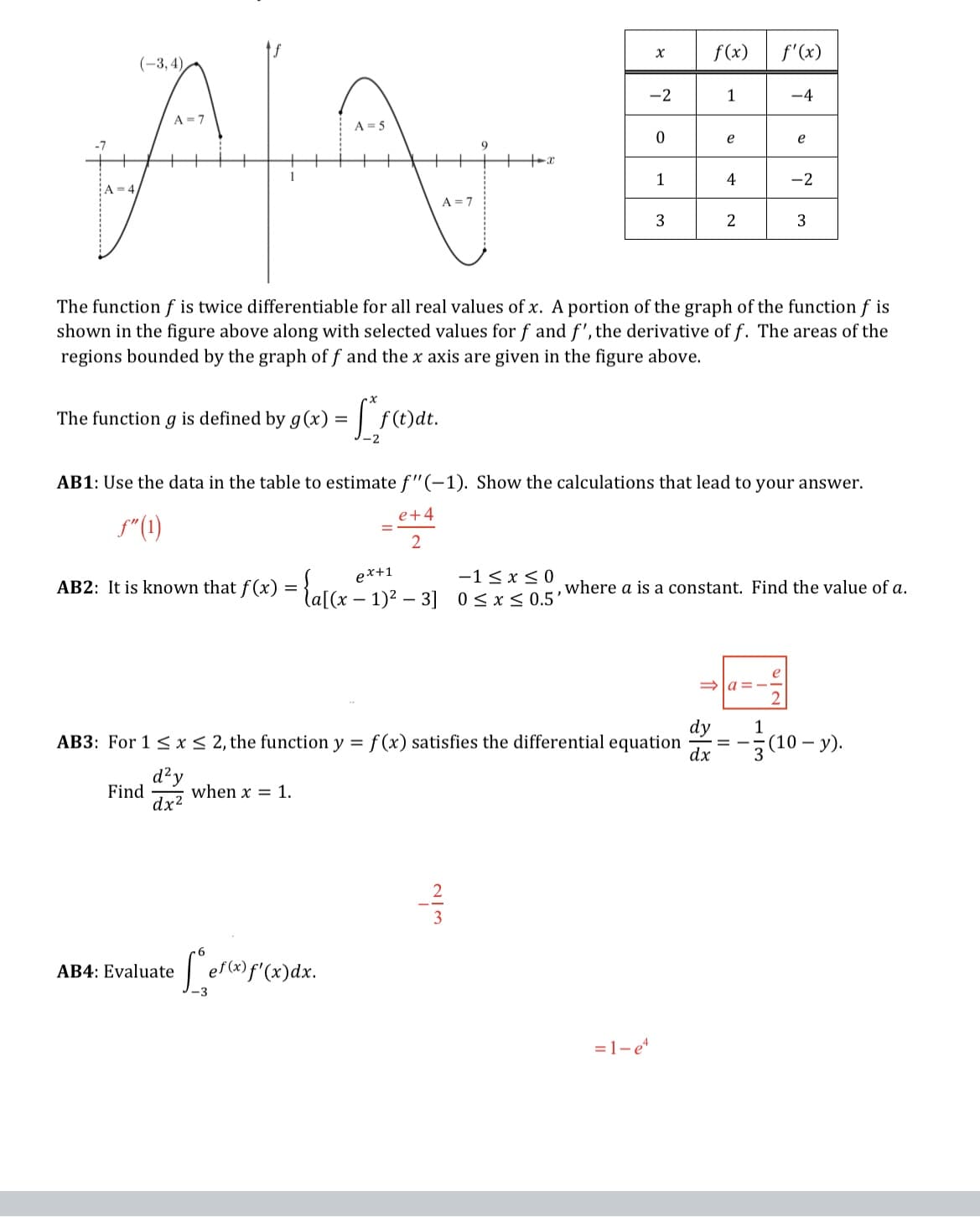 (-3, 4),
A = 7
AL
1
A=4
The function g is defined by g(x) = f* f(t)}dt.
-2
A = 5
A = 7
Find
AB2: It is known that f(x) = {a[(x - 1)² - 3] 0≤x≤ 0.5'
ex+1
-1 ≤x≤0
AB4: Evaluate
when x = 1.
X
Lef(x) f'(x)dx.
४
به است
-2
0
AB3: For 1 ≤ x ≤ 2, the function y = f(x) satisfies the differential equation
d²y
dx²
1
=1-e4
3
f(x)
The function f is twice differentiable for all real values of x. A portion of the graph of the function f is
shown in the figure above along with selected values for f and f', the derivative of f. The areas of the
regions bounded by the graph off and the x axis are given in the figure above.
1
e
AB1: Use the data in the table to estimate f"(-1). Show the calculations that lead to your answer.
e+4
ƒ" (1)
2
4
dy
dx
2
f'(x)
-4
a=
e
, where a is a constant. Find the value of a.
-2
e
3
(10-y).