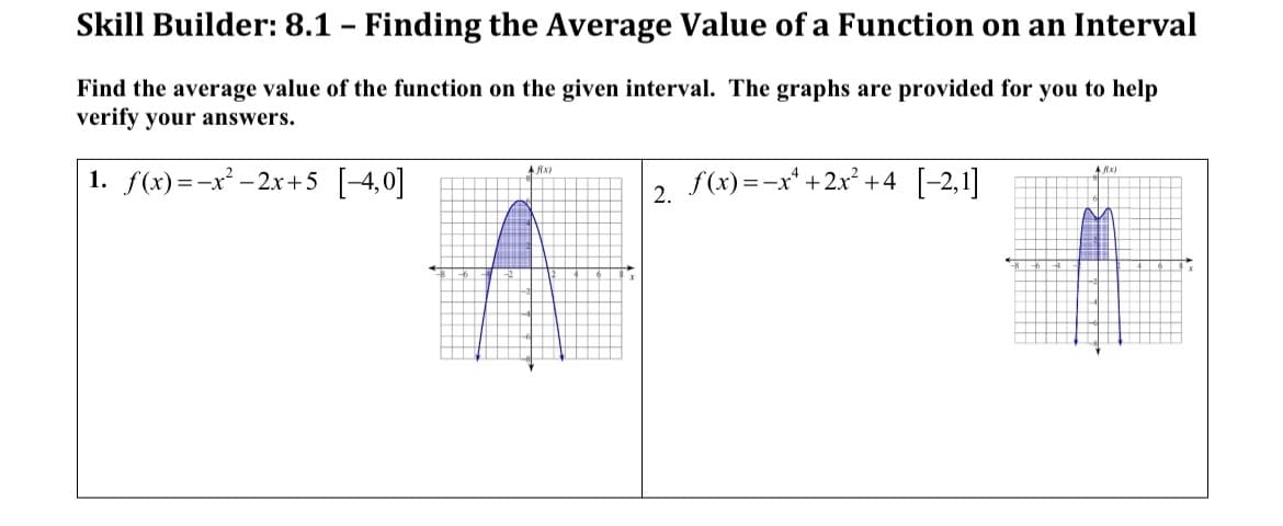 Skill Builder: 8.1 - Finding the Average Value of a Function on an Interval
Find the average value of the function on the given interval. The graphs are provided for you to help
verify your answers.
1. f(x)=x²-2x+5 [-4,0]
f(x)
2.
f(x)=x²+2x² +4 [-2,1]
A fix)