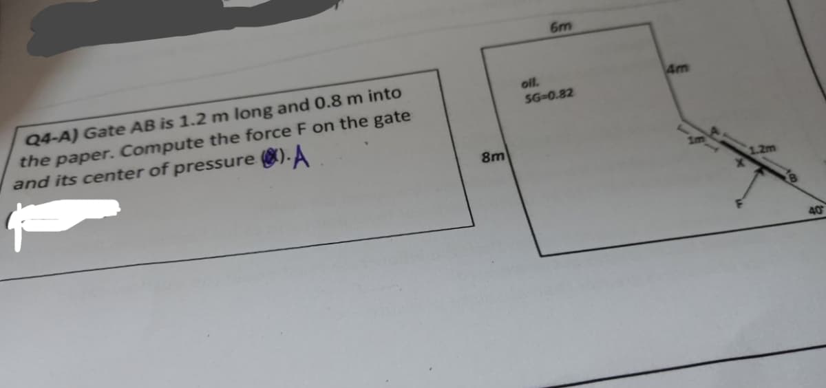 Q4-A) Gate AB is 1.2 m long and 0.8 m into
the paper. Compute the force F on the gate
and its center of pressure). A
8m
6m
oil.
SG=0.82
4m
12m
40