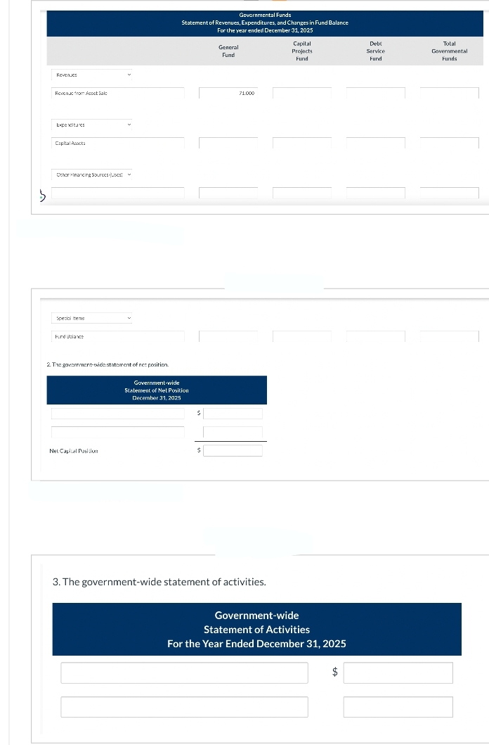 3
Revenues
Revenc from Asset Sale
Expenditures
Capital Acts
Other Financing Sources (Uses!
Special Items
Furd Balance
2. The government-wide statement of net position.
Net Capital Position
Governmental Funds
Statement of Revenues, Expenditures, and Changes in Fund Balance
For the year ended December 31, 2025
Government-wide
Statement of Net Position
December 31, 2025
$
$
General
Fund
71.000
3. The government-wide statement of activities.
Capital
Projects
Fund
Government-wide
Statement of Activities
For the Year Ended December 31, 2025
$
Debt
Service
Fund
Total
Governmental
Funds