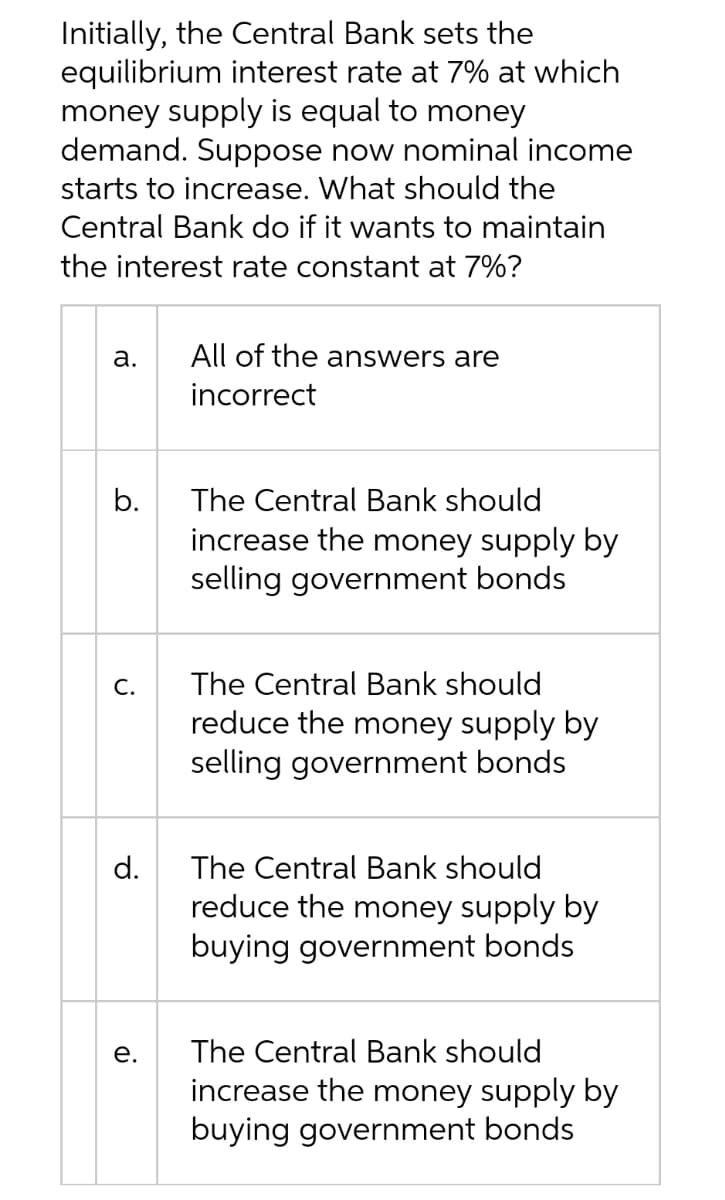 Initially, the Central Bank sets the
equilibrium interest rate at 7% at which
money supply is equal to money
demand. Suppose now nominal income
starts to increase. What should the
Central Bank do if it wants to maintain
the interest rate constant at 7%?
а.
All of the answers are
incorrect
b.
The Central Bank should
increase the money supply by
selling government bonds
С.
The Central Bank should
reduce the money supply by
selling government bonds
d.
The Central Bank should
reduce the money supply by
buying government bonds
е.
The Central Bank should
increase the money supply by
buying government bonds
