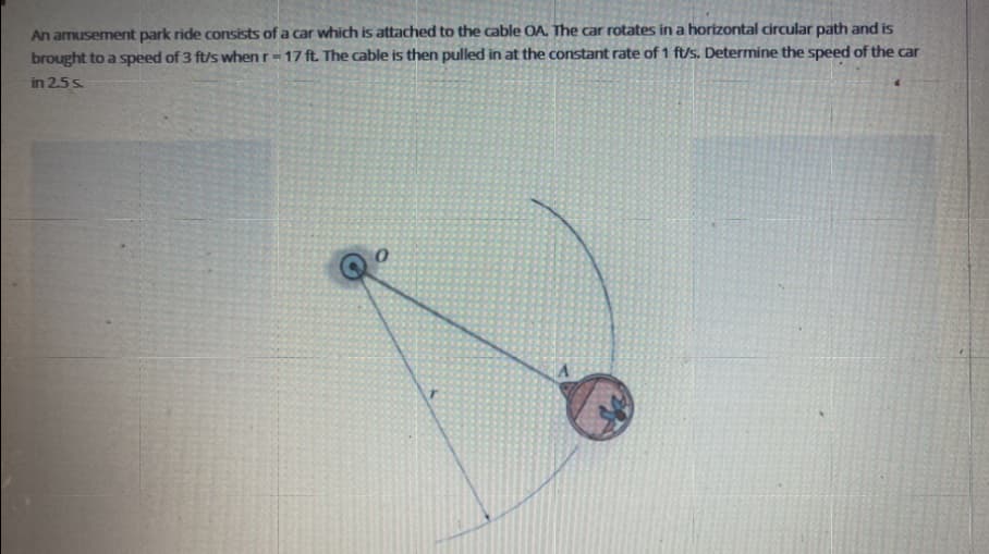 An amusement park ride consists of a car which is attached to the cable OA. The car rotates in a horizontal circular path and is
brought to a speed of 3 ft/s when r = 17 ft. The cable is then pulled in at the constant rate of 1 ft/s. Determine the speed of the car
in 2.5 s.