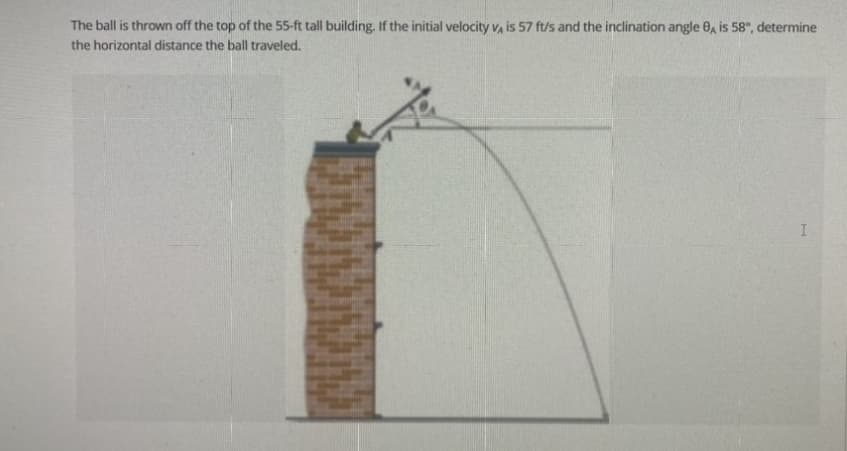 The ball is thrown off the top of the 55-ft tall building. If the initial velocity V, is 57 ft/s and the inclination angle 8, is 58°, determine
the horizontal distance the ball traveled.
I