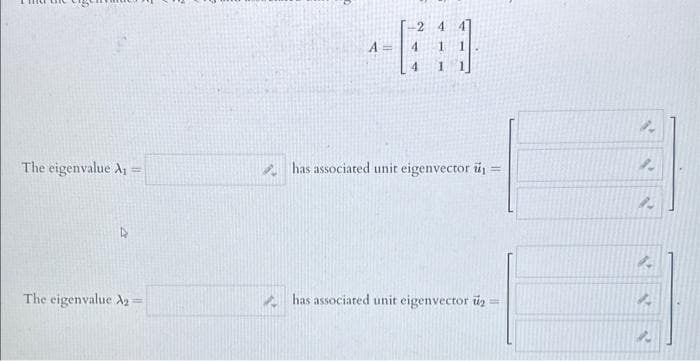 The eigenvalue A₁ =
The eigenvalue A2=
A =
2
4
4
4
1
1
has associated unit eigenvector ü₁ =
has associated unit eigenvector ₂
2
42
12
A
2