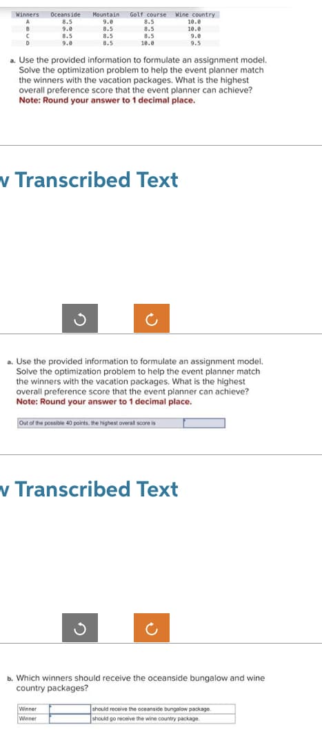 Winners
B
D
Oceanside
8.5
9.0
8.5
9.0
Mountain Golf course Wine country
9.0
8.5
8.5
8.5
G
8.5
8.5
8.5
10.0
a. Use the provided information to formulate an assignment model.
Solve the optimization problem to help the event planner match
the winners with the vacation packages. What is the highest
overall preference score that the event planner can achieve?
Note: Round your answer to 1 decimal place.
v Transcribed Text
Winner
Winner
a. Use the provided information to formulate an assignment model.
Solve the optimization problem to help the event planner match
the winners with the vacation packages. What is the highest
overall preference score that the event planner can achieve?
Note: Round your answer to 1 decimal place.
Out of the possible 40 points, the highest overall score is
10.0
10.0
9.0
9.5
w Transcribed Text
b. Which winners should receive the oceanside bungalow and wine
country packages?
should receive the oceanside bungalow package.
should go receive the wine country package.