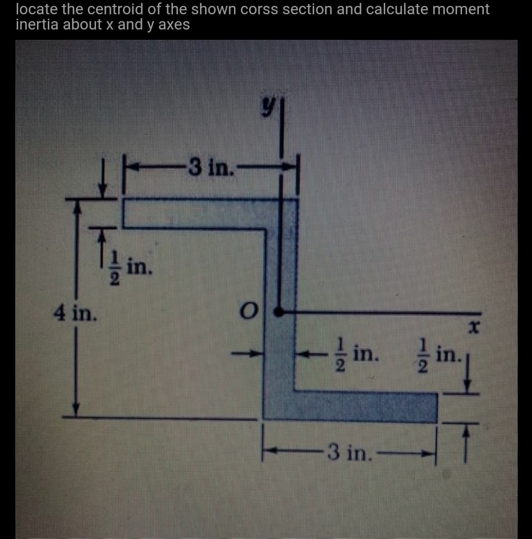 locate the centroid of the shown corss section and calculate moment
inertia about x and y axes
-3 in.
in.
4 in.
in.
in.
T3 in.-
112
1/2
