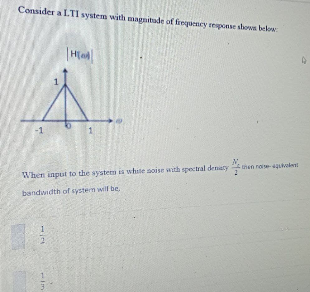 Consider a LTI system with magnitude of frequency response shown below:
N.
2
When input to the system is white noise with spectral density then noise- equivalent
bandwidth of system will be,
1/3
