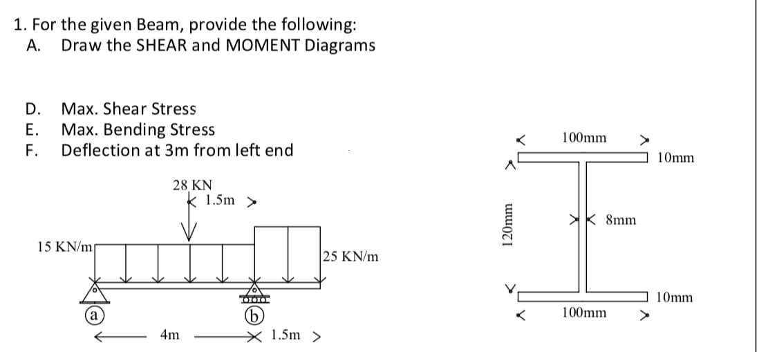 1. For the given Beam, provide the following:
Draw the SHEAR and MOMENT Diagrams
А.
D.
Max. Shear Stress
Max. Bending Stress
Deflection at 3m from left end
Е.
100mm
F.
10mm
28 KN
k 1.5m >
>K 8mm
15 KN/m
25 KN/m
10mm
100mm
4m
× 1.5m >
120mm
