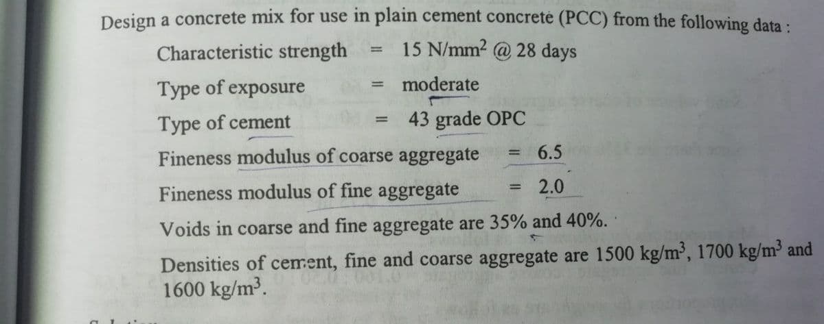 Design a concrete mix for use in plain cement concreté (PCC) from the following data:
Characteristic strength
15 N/mm2 @ 28 days
Type of exposure
moderate
%3D
Type of cement
43 grade OPC
%3D
Fineness modulus of coarse aggregate
6.5
Fineness modulus of fine aggregate
2.0
%3D
Voids in coarse and fine aggregate are 35% and 40%.
Densities of cement, fine and coarse aggregate are 1500 kg/m', 1700 kg/m³ and
1600 kg/m³.
