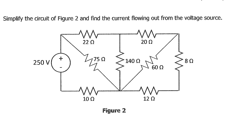 Simplify the circuit of Figure 2 and find the current flowing out from the voltage source.
22 Q
20 Q
+
250 V
750
140 Q
60 Q
10 Q
12 Q
Figure 2
