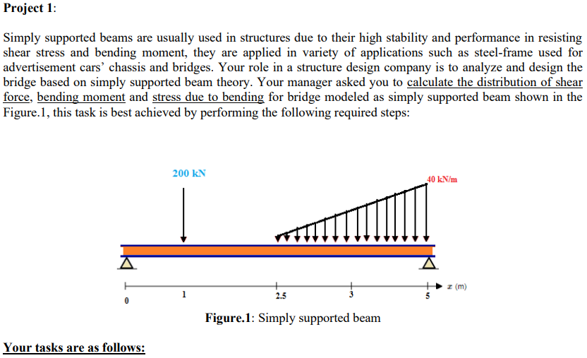 Project 1:
Simply supported beams are usually used in structures due to their high stability and performance in resisting
shear stress and bending moment, they are applied in variety of applications such as steel-frame used for
advertisement cars’ chassis and bridges. Your role in a structure design company is to analyze and design the
bridge based on simply supported beam theory. Your manager asked you to calculate the distribution of shear
force, bending moment and stress due to bending for bridge modeled as simply supported beam shown in the
Figure.1, this task is best achieved by performing the following required steps:
200 kN
40 kN/m
z (m)
5
2.5
Figure.1: Simply supported beam
Your tasks are as follows:
