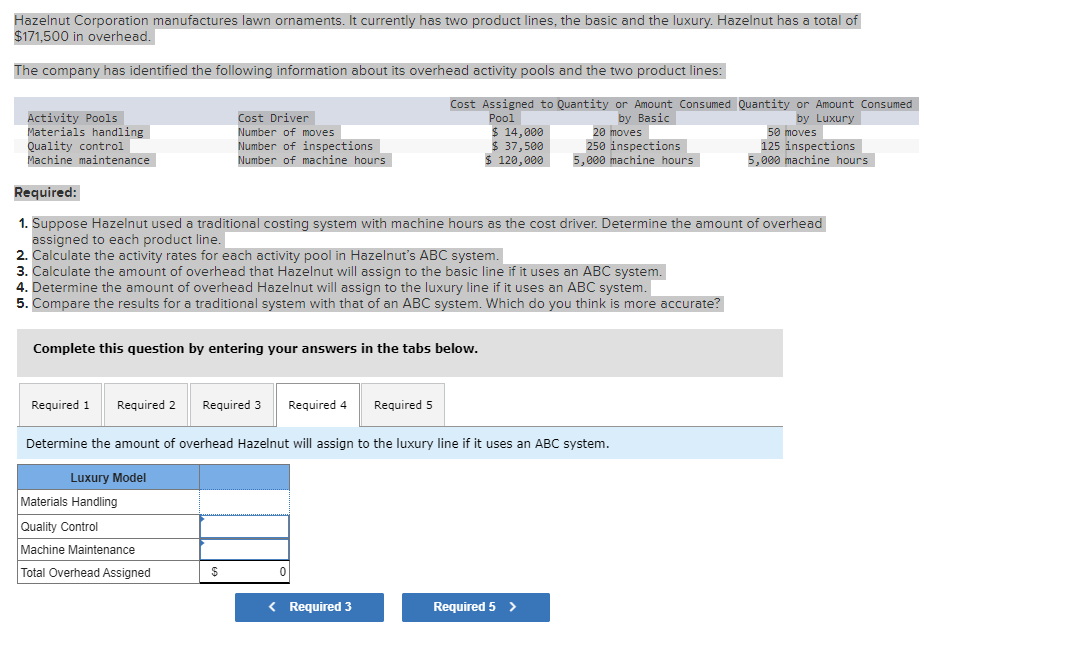Hazelnut Corporation manufactures lawn ornaments. It currently has two product lines, the basic and the luxury. Hazelnut has a total of
$171,500 in overhead.
The company has identified the following information about its overhead activity pools and the two product lines:
Activity Pools
Materials handling
Quality control
Machine maintenance
Required:
1. Suppose Hazelnut used a traditional costing system with machine hours as the cost driver. Determine the amount of overhead
assigned to each product line.
2. Calculate the activity rates for each activity pool in Hazelnut's ABC system.
Required 1
Cost Driver
Number of moves
Number of inspections
Number of machine hours
3. Calculate the amount of overhead that Hazelnut will assign to the basic line if it uses an ABC system.
4. Determine the amount of overhead Hazelnut will assign to the luxury line if it uses an ABC system.
5. Compare the results for a traditional system with that of an ABC system. Which do you think is more accurate?
Complete this question by entering your answers in the tabs below.
Required 2
Materials Handling
Quality Control
Machine Maintenance
Total Overhead Assigned
Required 3
$
Cost Assigned to Quantity or Amount Consumed Quantity or Amount Consumed
Pool
by Basic
by Luxury
20 moves
250 inspections
50 moves
125 inspections
5,000 machine hours
5,000 machine hours
Required 4
0
Determine the amount of overhead Hazelnut will assign to the luxury line if it uses an ABC system.
Luxury Model
Required 5
< Required 3
$ 14,000
$ 37,500
$ 120,000
Required 5 >